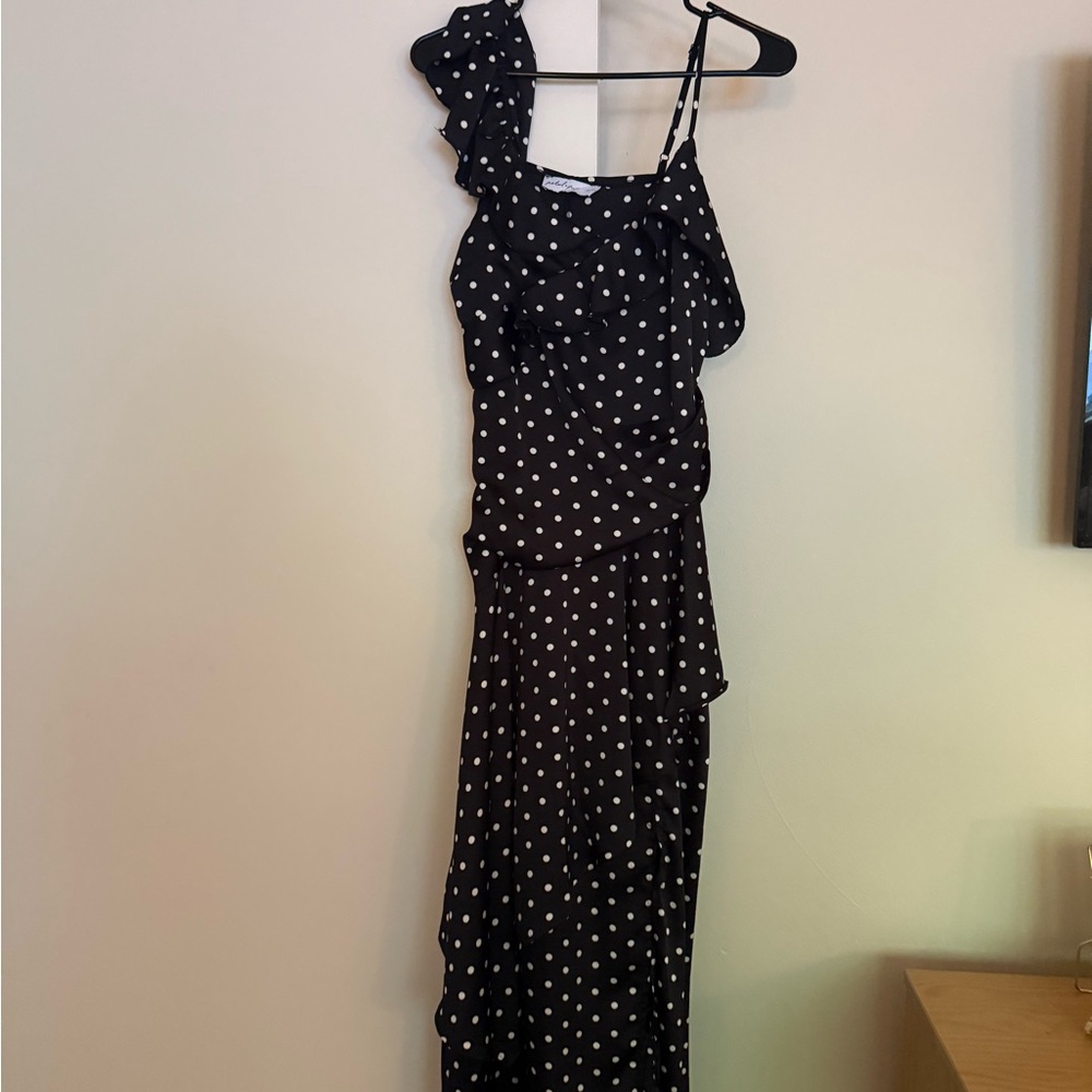 Petal & Pup Black One Shoulder Polka Dot Dress